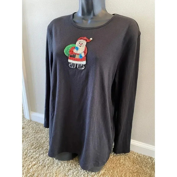Karen Scott Womens Size Large Black Christmas Santa Sequin Shirt Top Long Vtg - Picture 2 of 7
